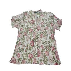 Vintage Lemon Grass Crinkle Pleated Floral Button Up Shirt XL Bohemian Indie